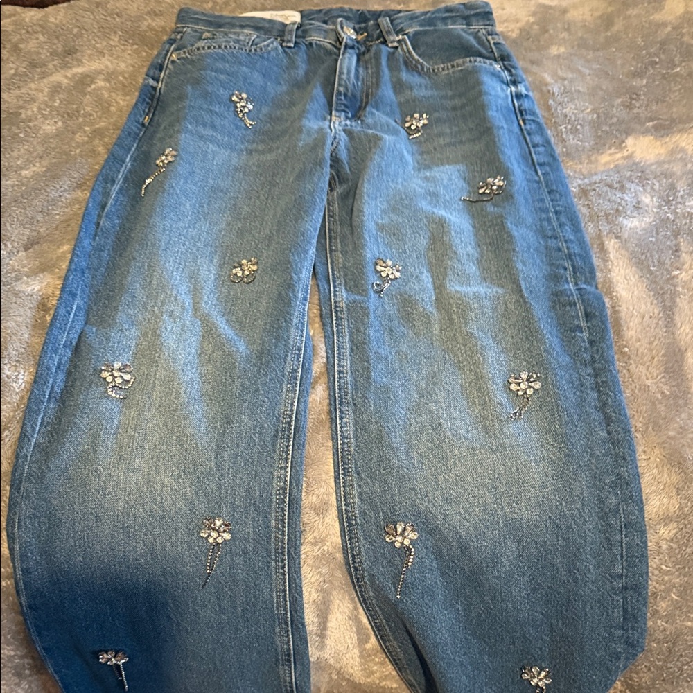 River Island Blue Floral Embroidered Boyfriend Jeans